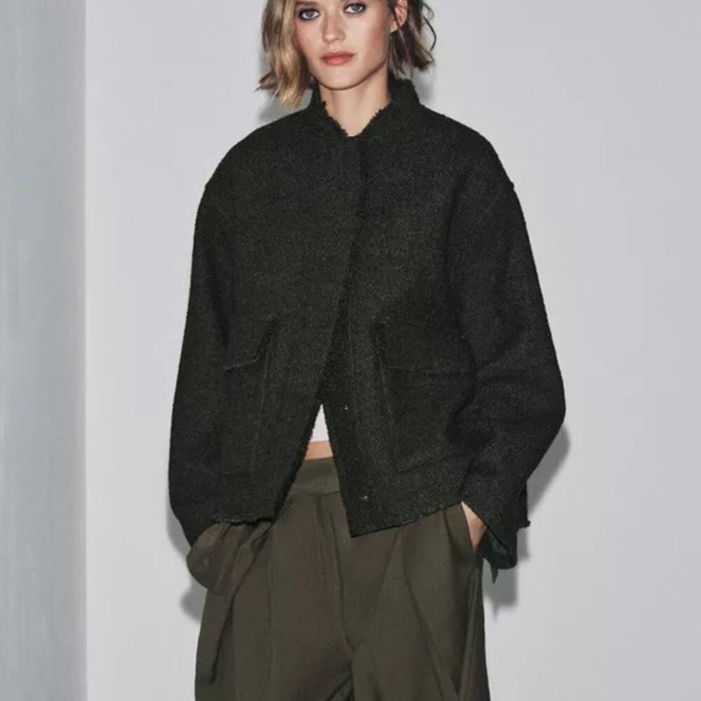 Zara Textured Wool Blend Jacket TW Collection Olive Green Size XS-S